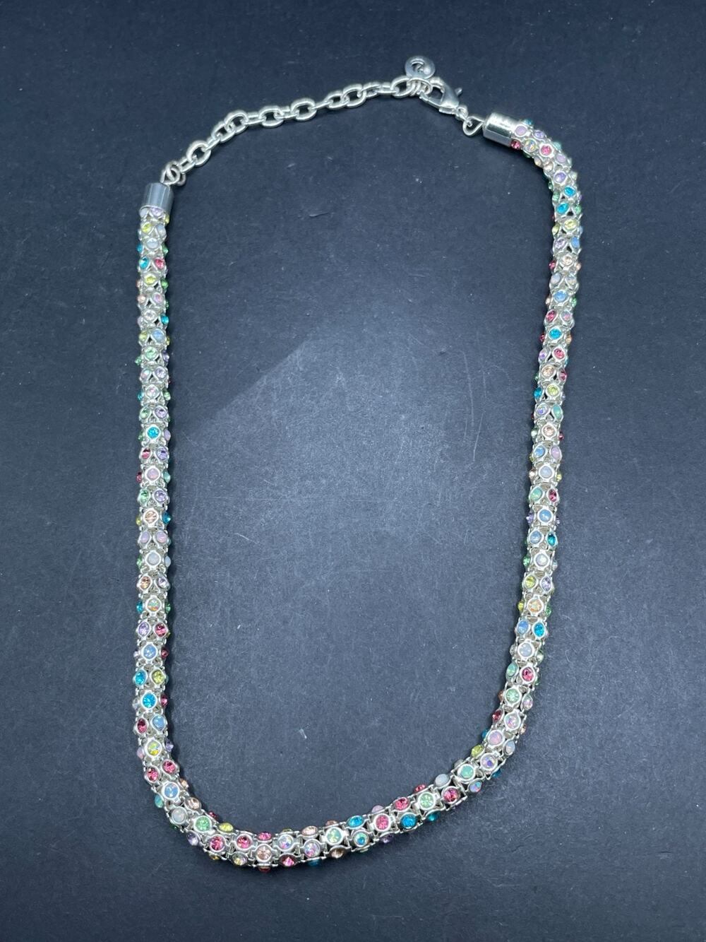 Vintage Gloria Vanderbilt Swarovski NecklaceRound Mesh Chain Multicolor Crystal